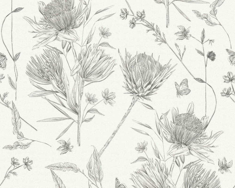 Vliesové tapety čierne kreslené rastliny na bielom pozadí, 39427-2 Drawn into Nature